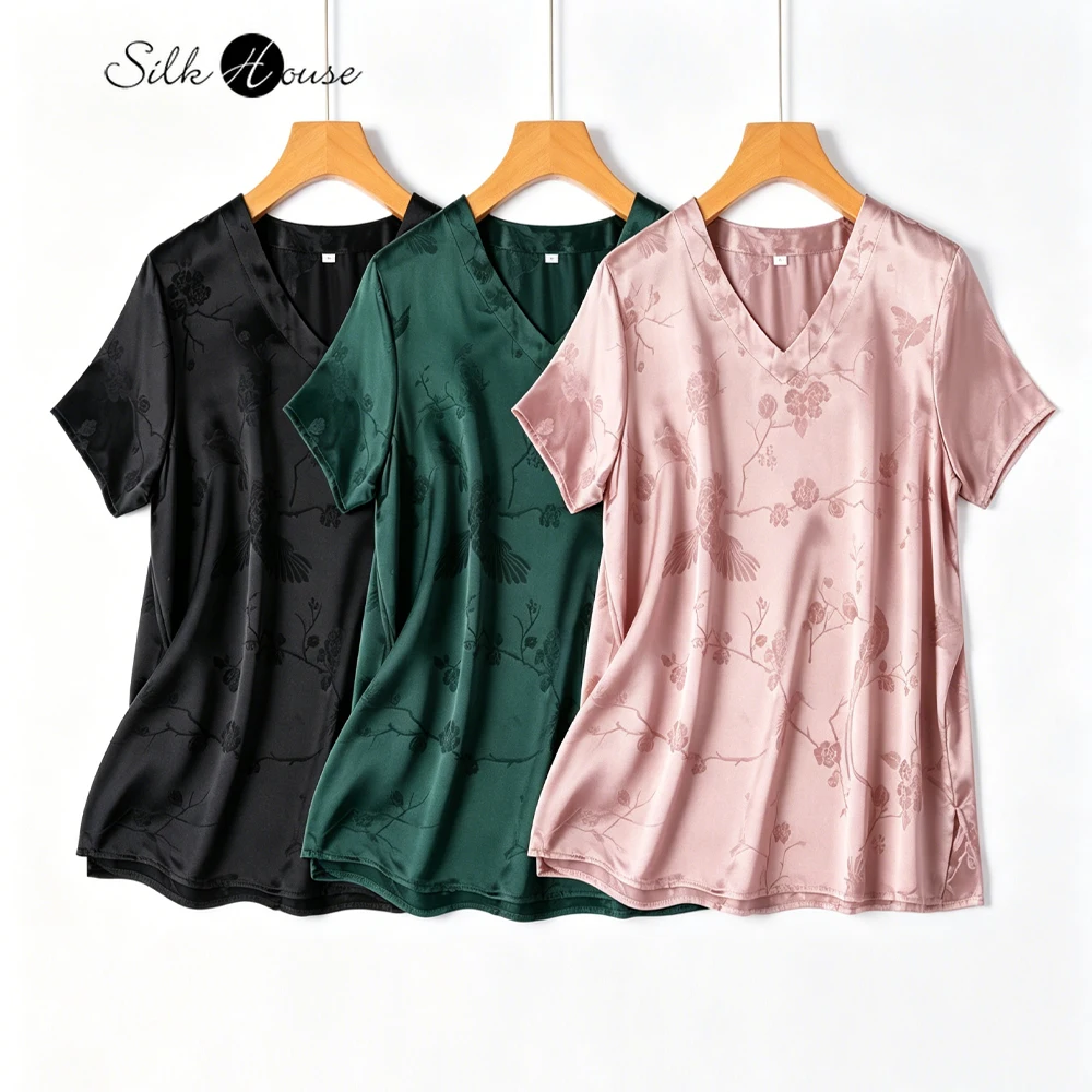 Damenmode Sommer Neu Schweres 28MM 100% Naturseide Jacquard Satin V-Ausschnitt Schwarzes Kurzarm-T-Shirt