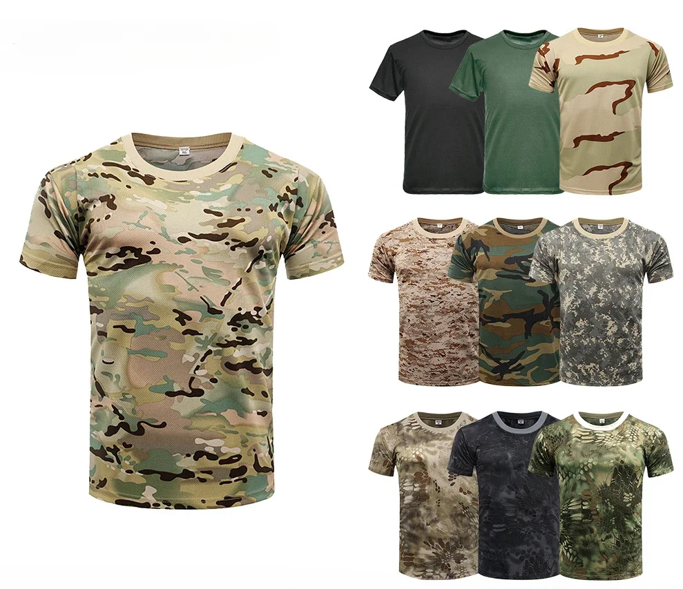 Summer Men's Quick Dry Combat T Shirt Military Jungle Desert Camouflage Tactical Short Sleeve Tough Guy Outdoor Hunting Top