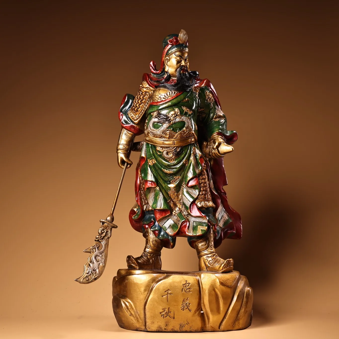 

18"Tibetan Temple Collection Old Bronze Painted Cinnabar Dragon Texture Guan Yu Guan Erye Lifting knife Guan Yu Worship Hall