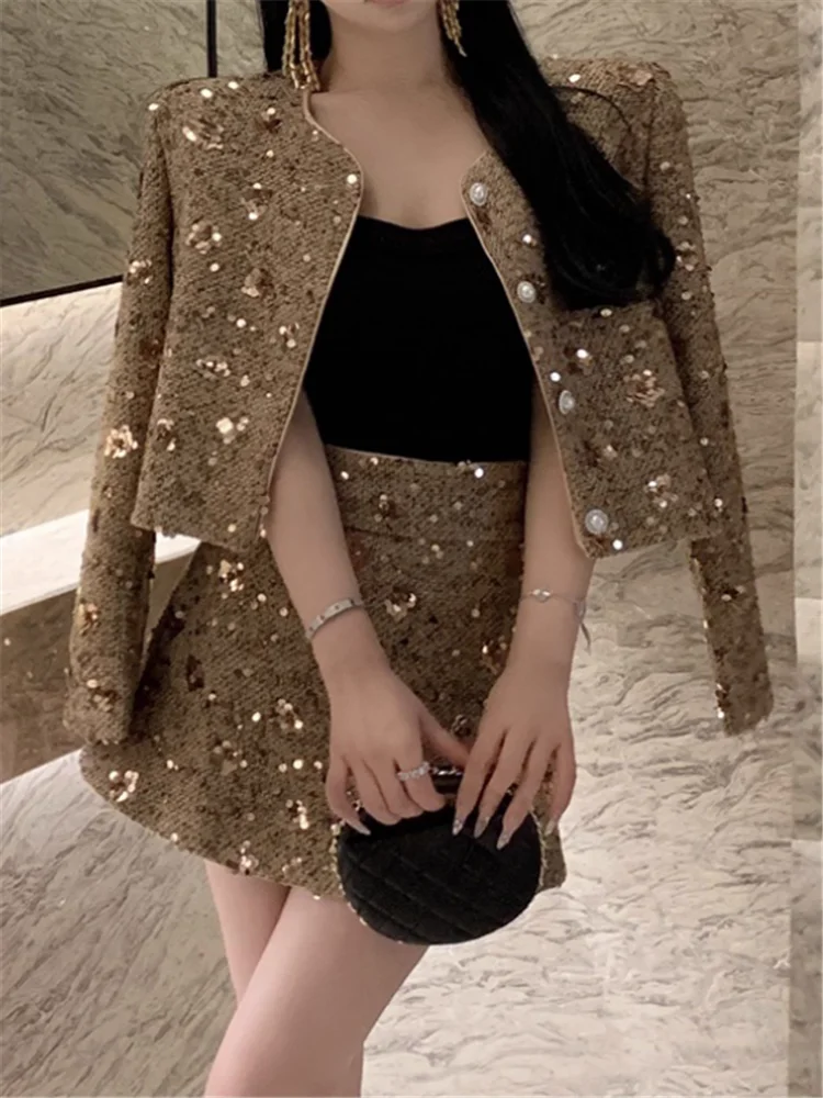 

Gold Sequined Elegant 2 Piece Suits Celebrity Stunning Women O Neck Short Jacket Coat&A Line Mini Skirt Luxury Two Pieces Sets