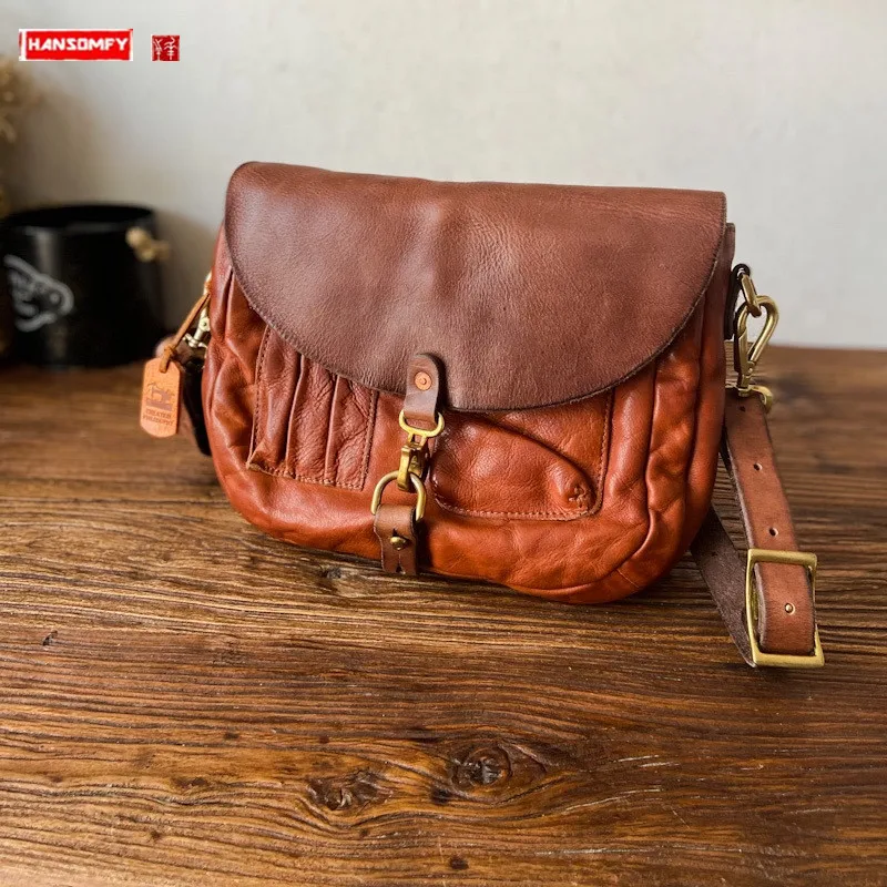 Saco mensageiro de pele esqueletal para homens, mochila de couro macio, nicho retrô na moda, casual preguiçoso, feito à mão