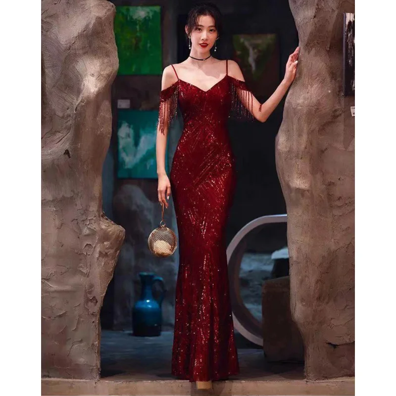 WAT18 Sexy Straps Evening Dress Fashion Long Deep V Neck Tulle High Slit Wedding Party Elegant Prom Gown Women Luxury F New 2025