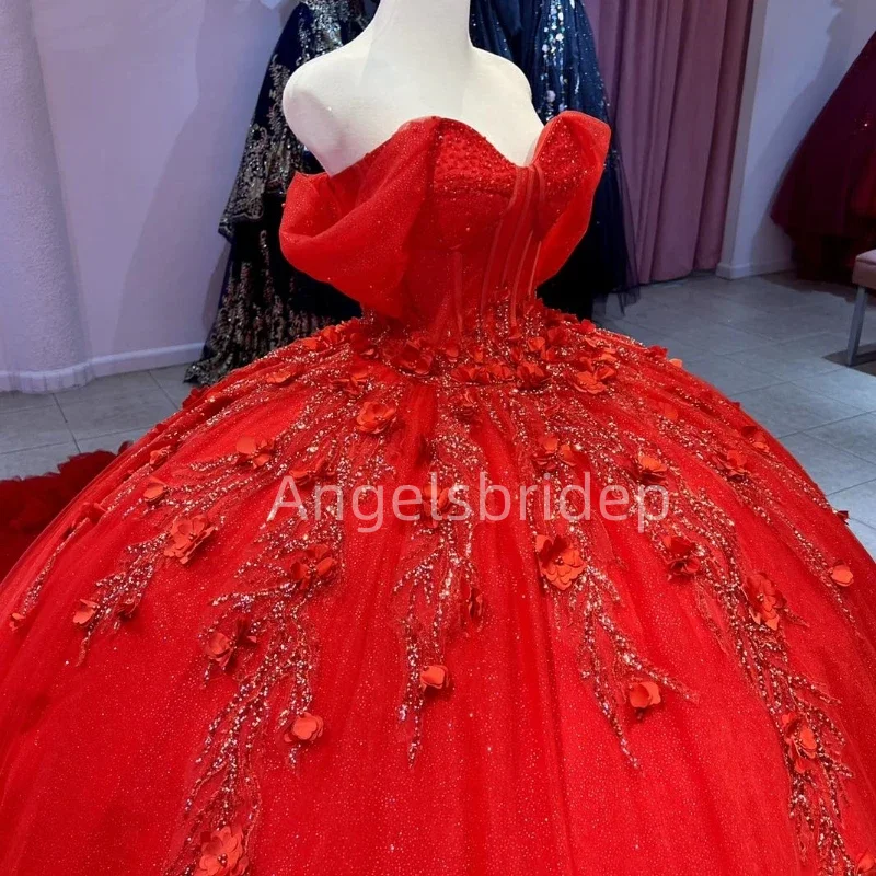 Angelsbride Red Glitter Tulle 3D Flora Off Shoulder Vestido De 15 Quinceañera Puff Train Ball Gown Quinnceanera Dresses