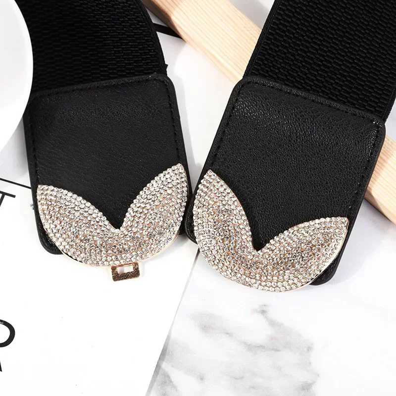 Fashion Metal Buckle Women's Elastic Wide Girdle Decoration Dress Belt Rhinestone Belts for Women Luxury Designer Brand Black