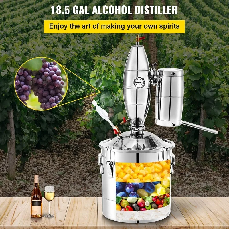 VEVOR Alcohol Still 18.5Gal/70L Alcohol Distiller with Ceramic Balls for Purer Wine Distillery Kit for Alcohol with Brewing Kit