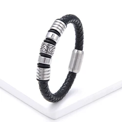 Bracciale da uomo in acciaio inossidabile speciale a 5 cerchi in stile Punk europeo e americano 5 strati e bracciale con cordino in pelle monostrato