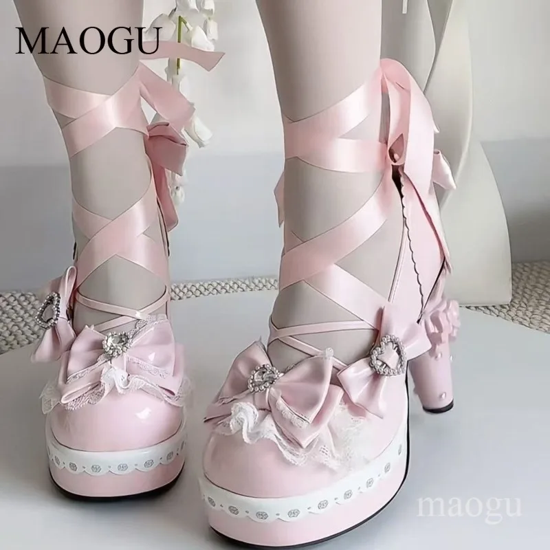 11cm Strange Style Lolita Mary Jane Shoes for Women Cos Bowknot Lace-Up Ribbon Ankle Strap Pumps Sweet Princess Shoes Size 34-42