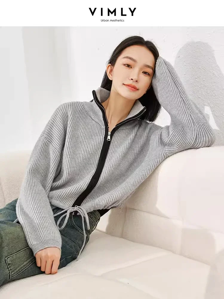 

Vimly Zipper Knitted Cropped Cardigans 2023 Autumn Winter Casual Stand Collar Loose Knit Women's Sweaters New in Knitwears 16175