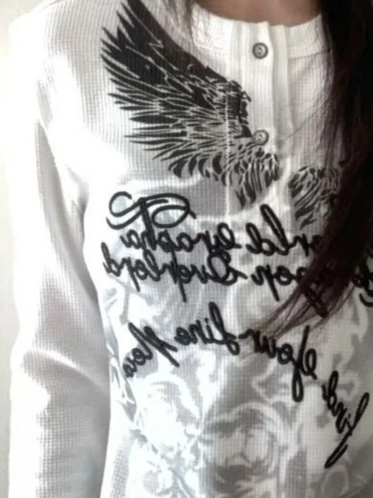 اليابانية خمر الجناح إلكتروني الطباعة عادية تيز الشارع الشهير Bodycon سليم صالح بلايز Harajuku الخريف المرأة الجرونج تي شيرت