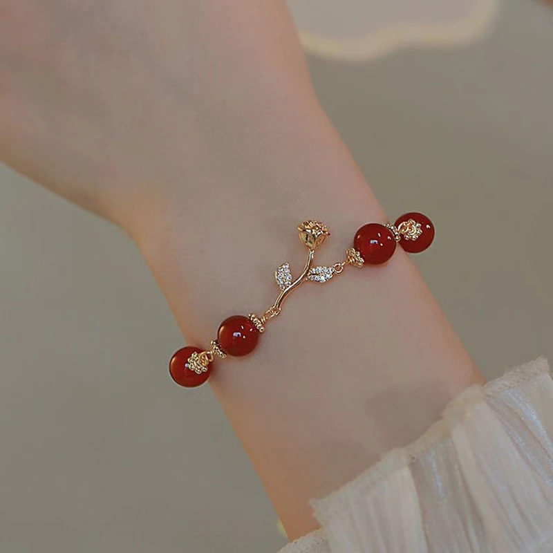 Golden Rose Natural Red Agate Round Beads Adjustable Bracelet Women Ornaments Gentle Style Fine Jewelry Gifts