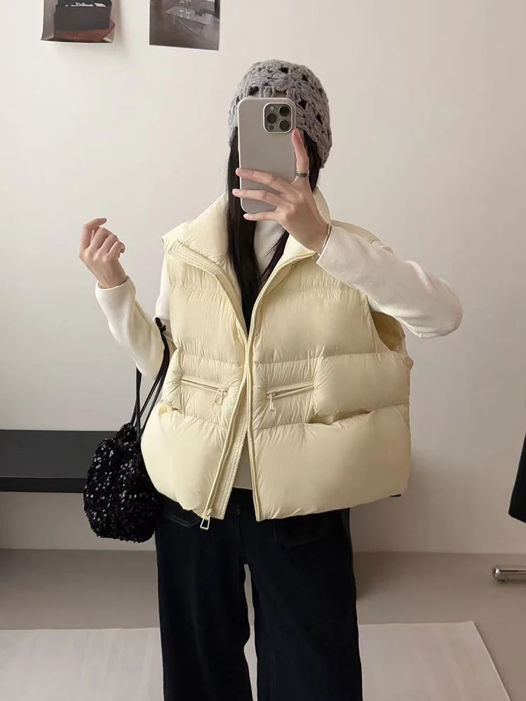 

Autumn Winter Puff Stand Collar Down Vest Female Zipper Multi Pocket Quilted Waistcoat Women White Duck Down Warm Casual Vests