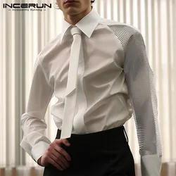 INCERUN Men's Shirt Mesh Patchwork Lapel Long Sleeve Button With Tie Fashion Men Clothing Streetwear 2024 Casual Camisas S-5XL