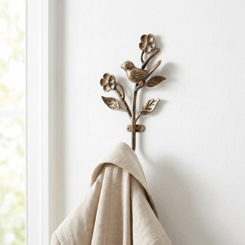 Multipurpose Vintage Cast Iron Key Hook Rustic 3D Flower Bird Design Wall Decorative Hook Sturdy Coat Hook Entryway Use
