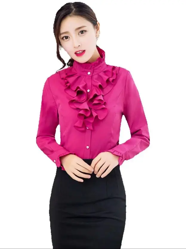 2023 Lente en herfst nieuwe Koreaanse versie van vrouwen stand kraag lange mouw OL professionele slim-fit basis shirt gegolfde sh