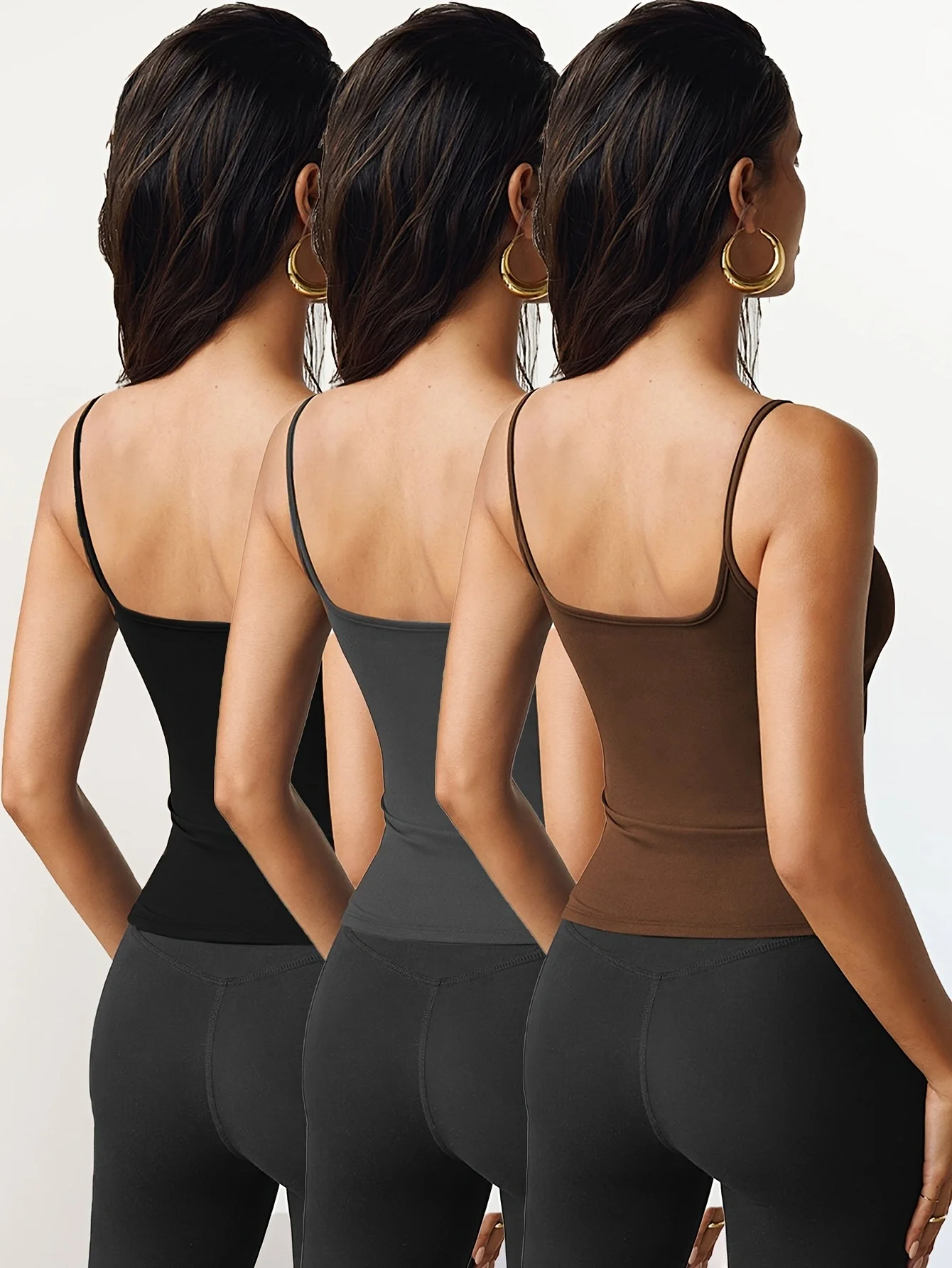 Women's 3-Pack Solid Color Square Neck Spaghetti Strap Cami Tops
