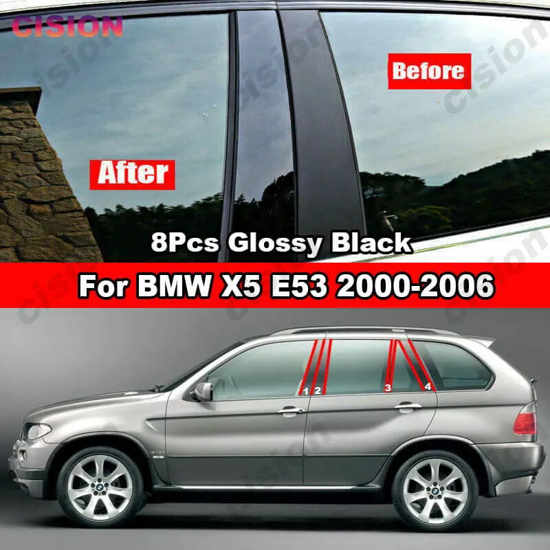 8x Mirror Effect Car Window Door Column B C Pillar Post Cover Trim For BMW X5 E53 2000-2006 Glossy Black Carbon Fiber PC Sticker