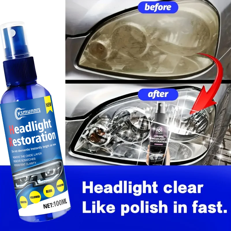 Headlight restoration spray, professionally removes yellowing and oxidation, boosts headlight brightness and keeps your night dr