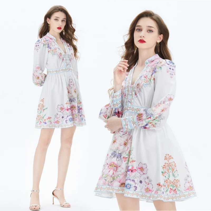 Women's 2024 New Bohemian Retro Printed Mulberry Silk Mini Dress Large Loose Tight Dress Women's Casual Party Dress Vestidos