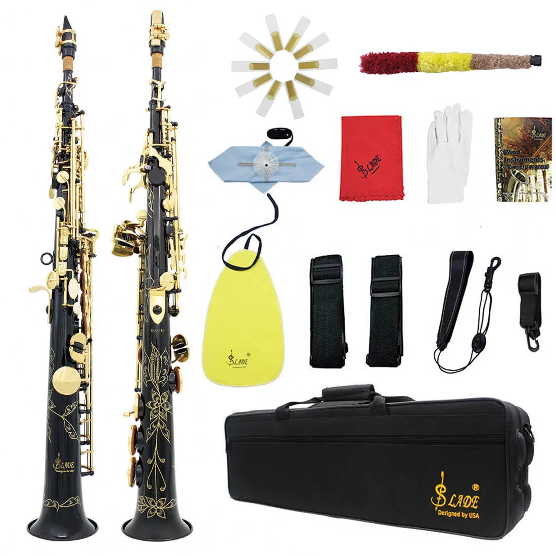 SLADE Soprano Saxophone Black Gold Key Bb Flat Brass Straight Sax Woodwind Instrument with Case Mouthpiece Cleaning Cloth Gloves