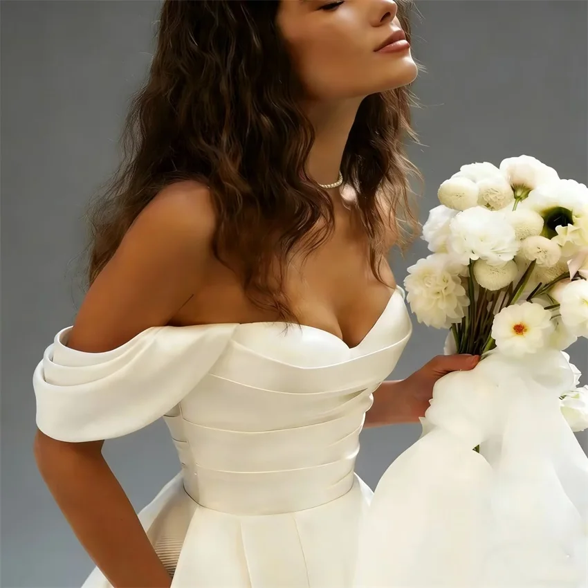 Customized Romantic Off The Shoulder Simple Satin Wedding Dresses Pleat Sweep Train A Line Bridal Gown Lace-up Vestidos De Novia