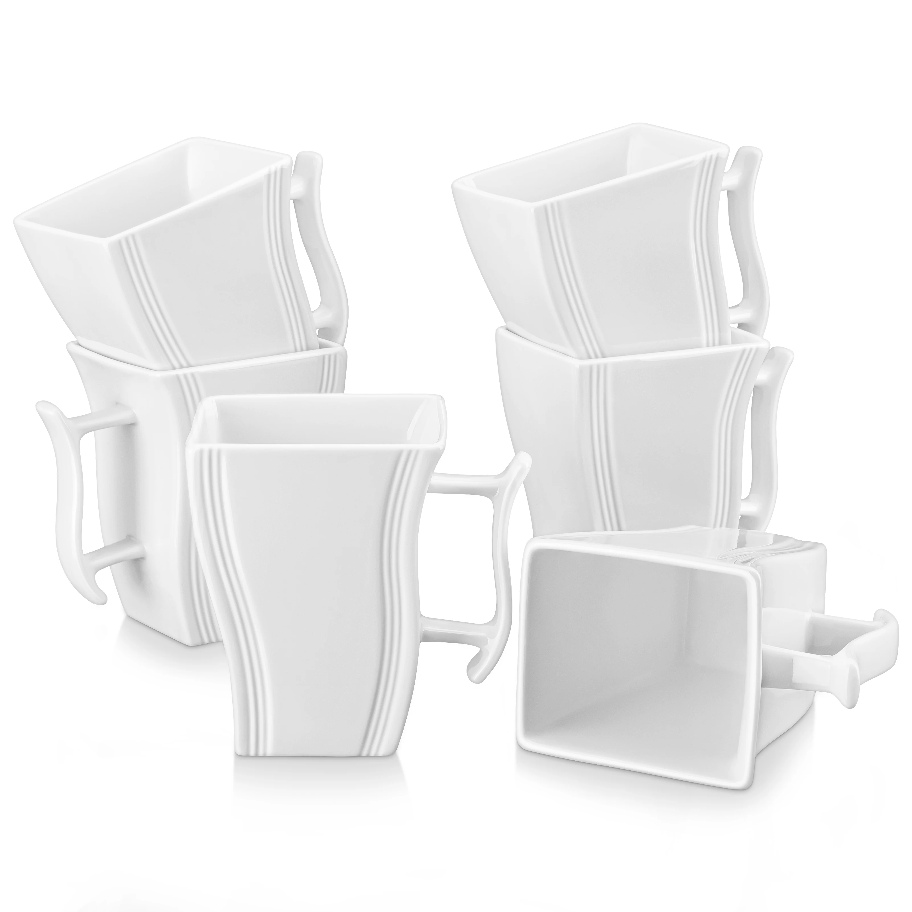 

MALACASA 6 Piece White and Marble Coffee Service Set Cream White Porcelain Square Coffee Cups 5.5 Inch 500ML Tea Cup For 6 Peopl