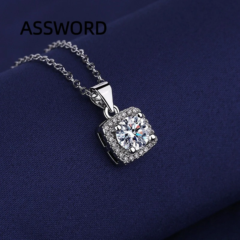 925 Sterling Silver Square Halo Cubic Zirconia Necklace Women Luxury Round Stone Pendant Clavicle Chain Wedding Jewelry Gift