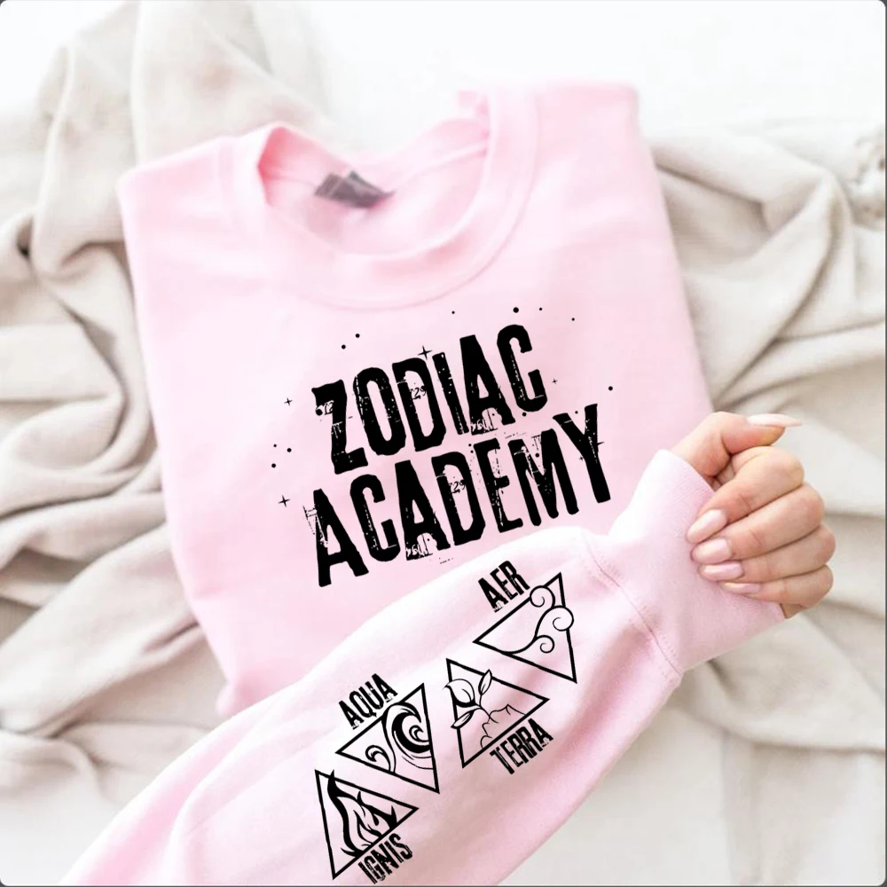 Zodiac Academy 레트로 요소 슬리브 스웨트셔츠, Ignis Aer 아쿠아 테라 슬리브 셔츠, 조디악 사인 크루넥 그래픽 상의