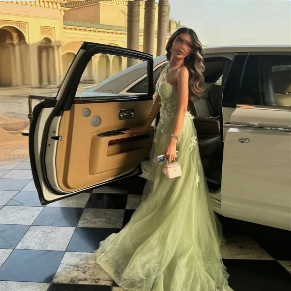 Customized Formal Dress Saudi Arabia Evening Sheer Straps A-line Floor Length Skirts Flower Bespoke Occasion Dresses Prom Gown