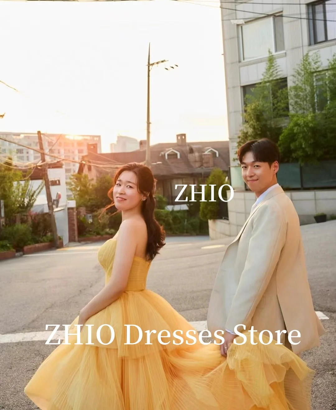 ZHIO فستان زفاف برتقالي أنيق متعدد الطبقات على شكل حرف a سويب تراين للحفلات المسائية فستان زفاف كوري لالتقاط الصور حسب الطلب