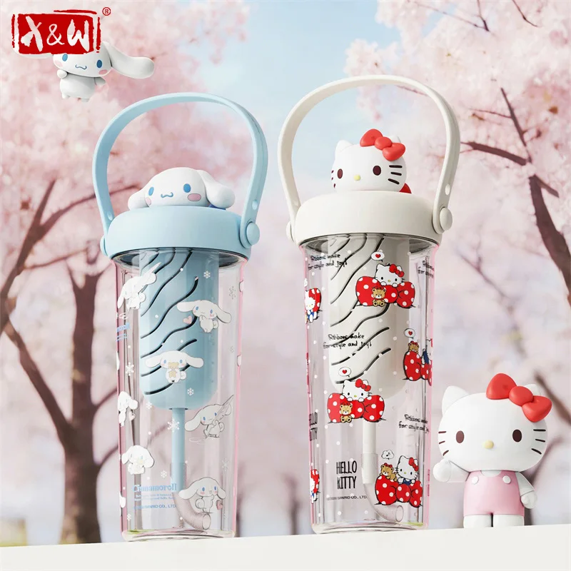 X&W Sanrio Fruit Tea Water Bottles 750ML Hello Kitty Kuromi Transparent Straw Cup With handle Outdoor Travel Cups Students Girls