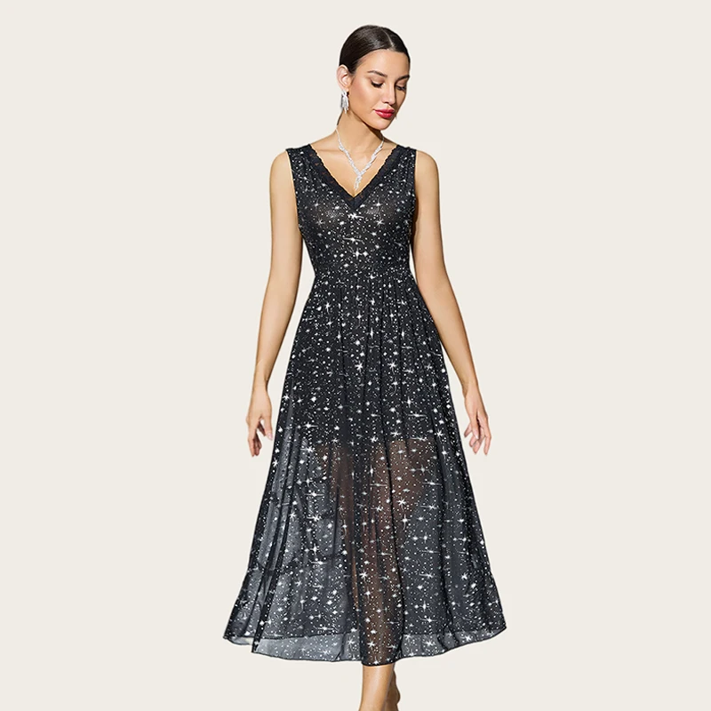 

Woman's Nightdress Sparkly Starry Mesh Mesh Nightgown Deep-V Backless Home Clothes Charming Dress Pajamas Romantic Night Dress