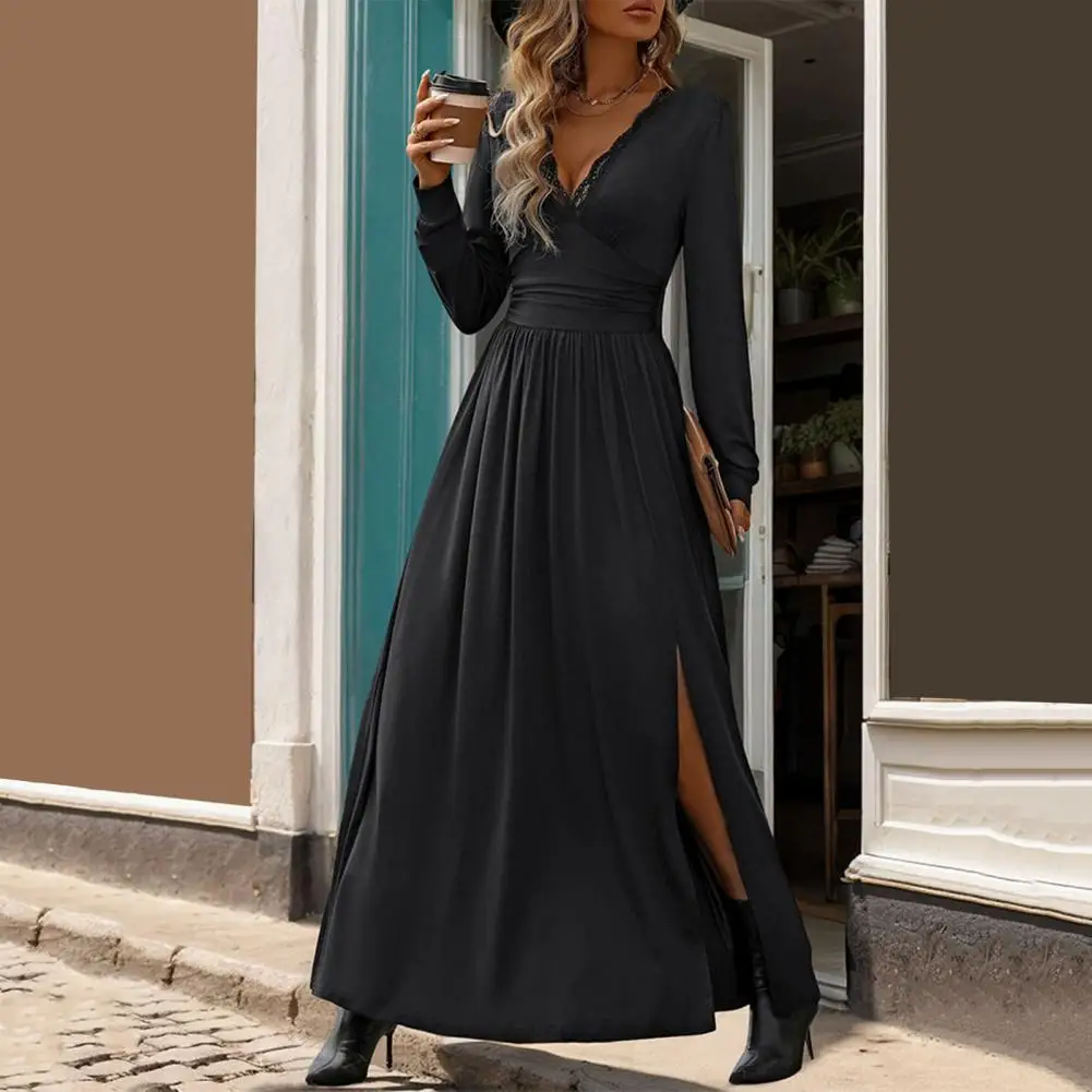 

Dating Maxi Dress Elegant Lace V Neck Maxi Dress with Pleated Split Hem Slim Fit A-line Silhouette for Fall Spring Commuting