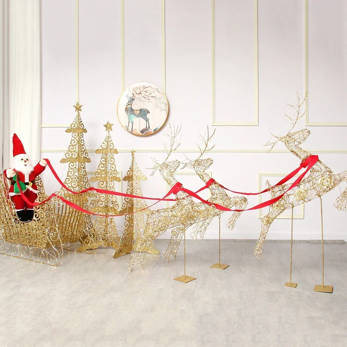 Christmas decoration, shining deer, pulling cart, iron art, flying deer, sled, reindeer, elderly ornament, iron tree
