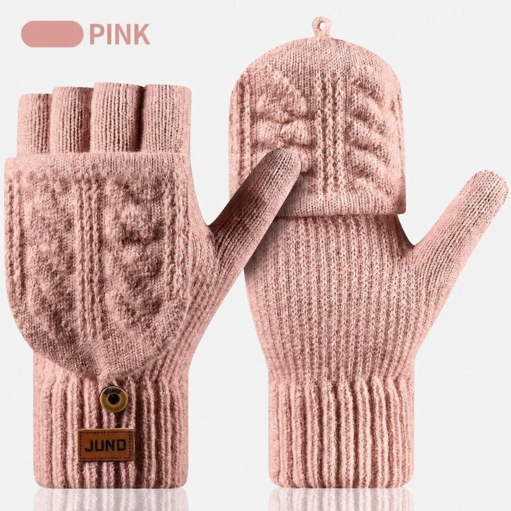 Practical Unisex Winter Cable Knitted Gloves Polyester Blend Warm Men Flip Top Gloves One Size Convertible Gloves For Study