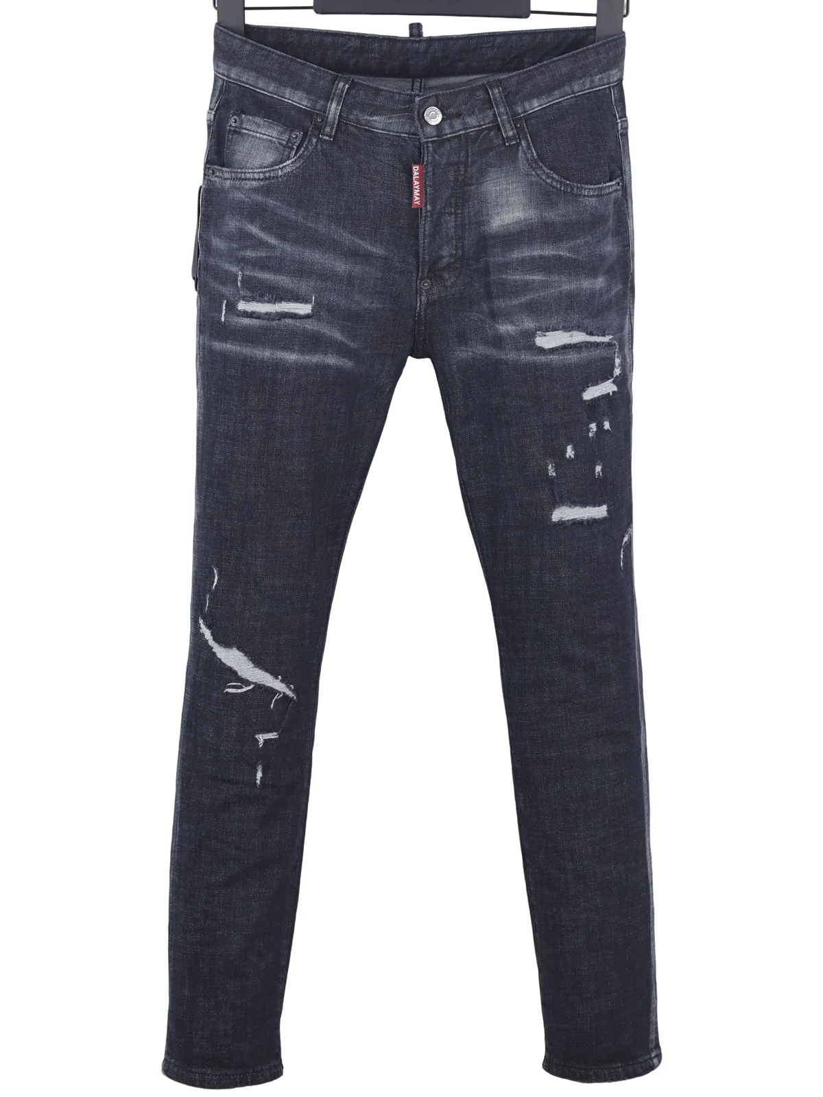 

6074 Four Seasons New D2 Jeans Men's Washed Ripped Patch Paint All-match Slim-fit Feet Black