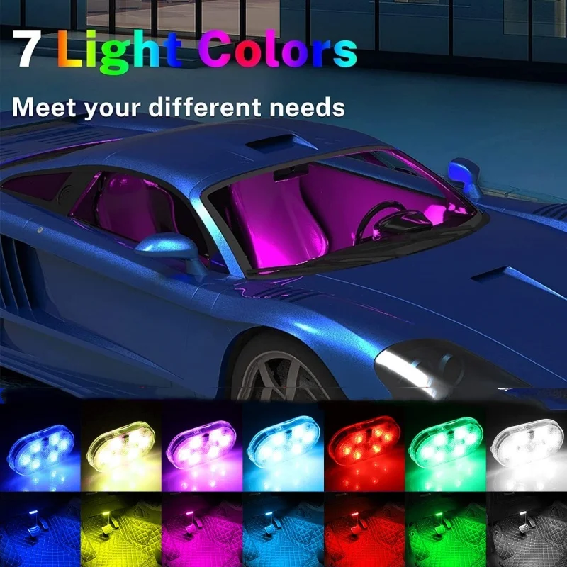 

2X Car LED Lights Interior Wireless 5 Colors Interior Car Lights with Portable USB Rechargeable Interior Led Night Light for Car