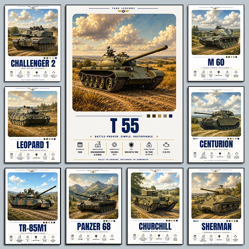Tank Military Memorabilia Posters Armored Vehicle Army Modern Prints Canvas Painting Wall Art Pictures Home Living Room Decor