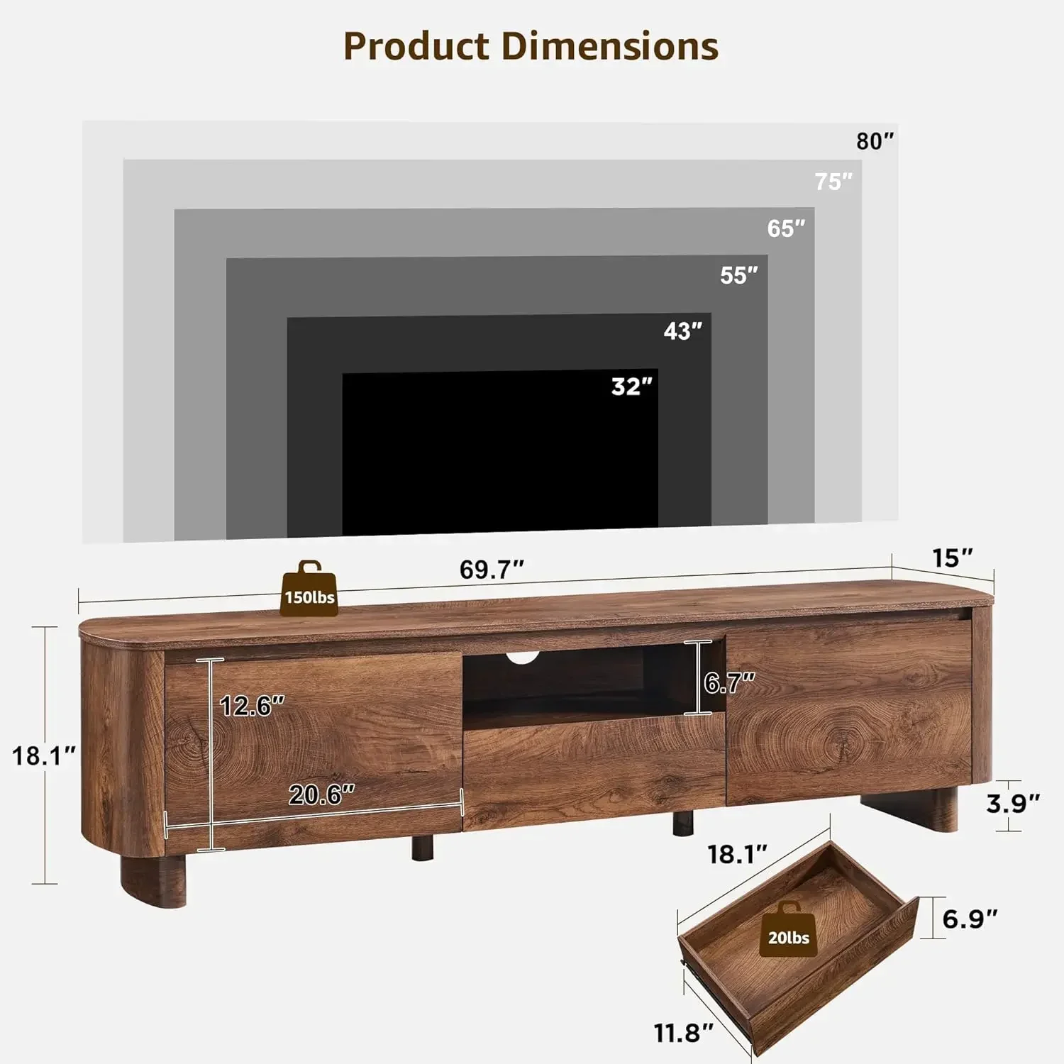 Dark Walnut Low Profile Media Console Rounded Concealed Storage Cabinet Drawer