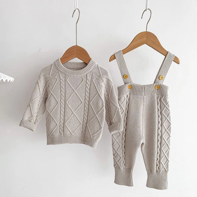 Autumn Spring Korean Style Newborn Baby Girls Boys Solid Color Knitting Clothing Set Sweater Overall Children Clothes Suit