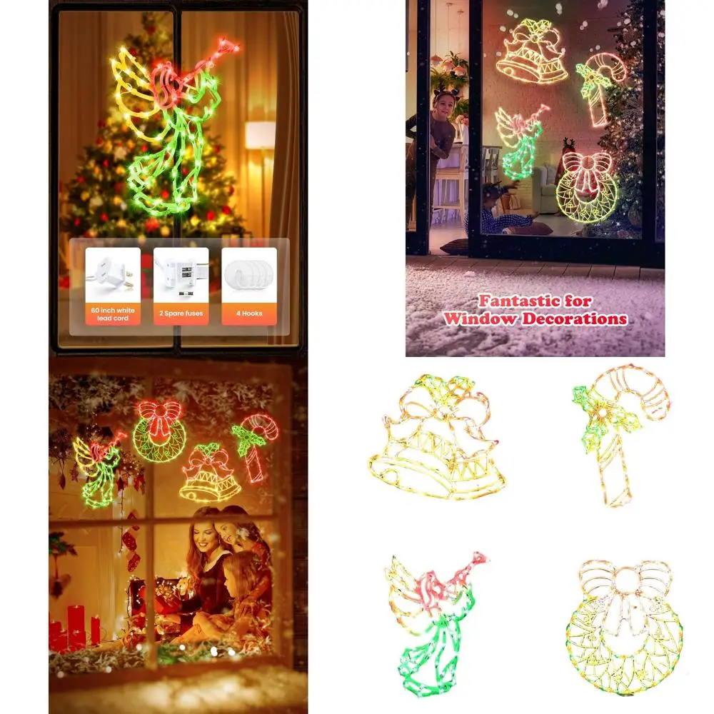 

Set of 4 Christmas Silhouette Light Decorations: Illuminated Wreath, Candy Cane, Bell, Angel for Festive Season