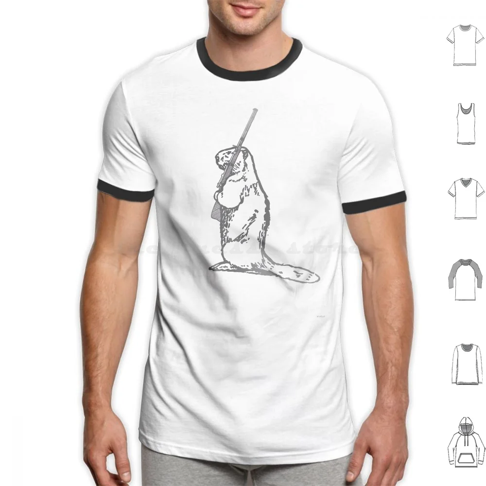 Watchful Beaver ( Grey ) T Shirt 6xl Cotton Cool Tee Beaver Gun Guard Rifle Canada Canadian Protect Woods Wild Ingenuity