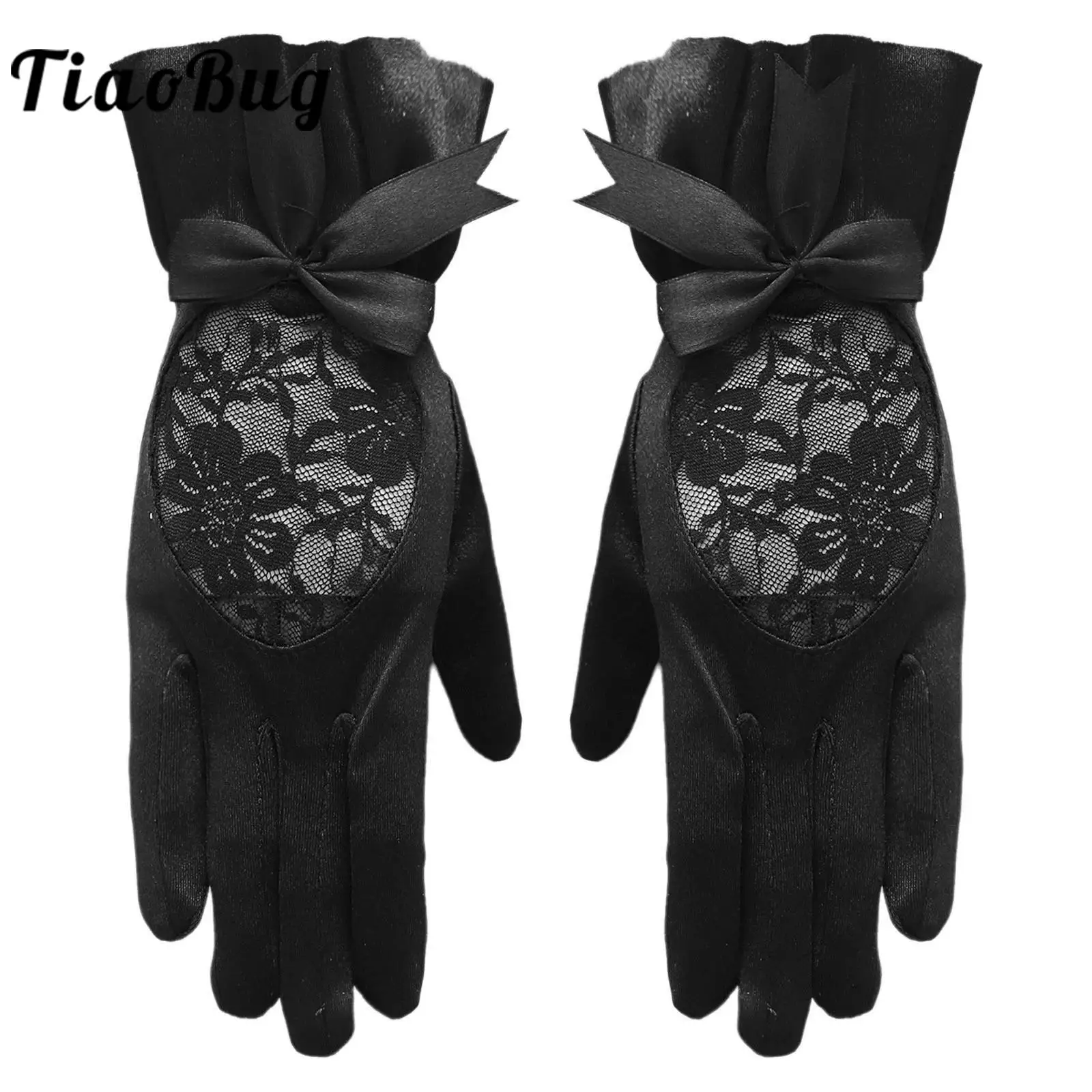 

Women Sheer Floral Lace Gloves 1 Pair Full Finger Wrist-length Mitten Wedding 1920S Flapper Party Ruffles Bowknot Satin Gloves