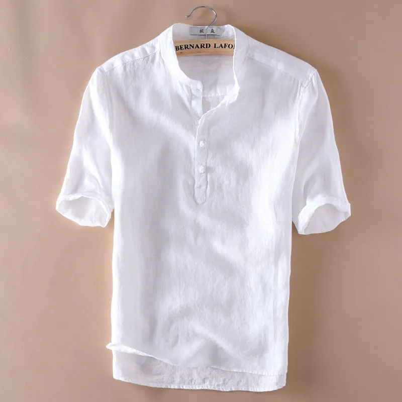 

Casual Lightweight Linen irt Men's ort Sve Stand Collar Five-Quarter Sve Cotton Linen Blouse Faionable Urban Sle
