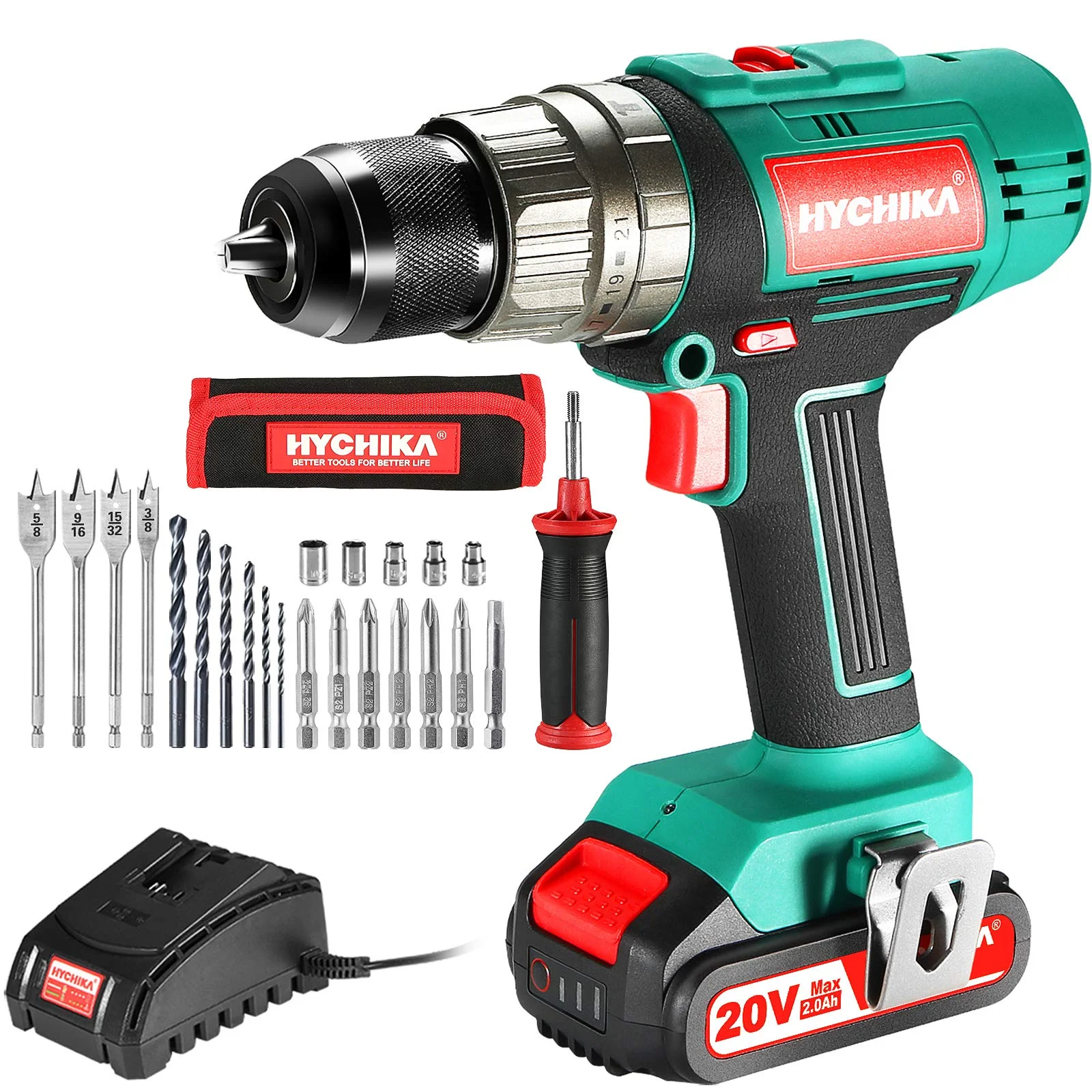 Cordless Hammer Driver 20V HYCHIKA 400 in Torque Brushed Power Drill with Auxiliary Handle Rotary Hammer Power Drill Machine