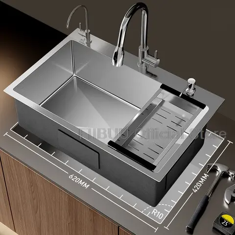 सिल्वर स्टेनलेस स्टील किचन सिंक बड़ी क्षमता वाला सिंगल बाउल मोटा हस्तनिर्मित काउंटर के ऊपर या सहायक उपकरण के साथ अंडरमाउंट 10 best sales काउंटर सिंक - №7