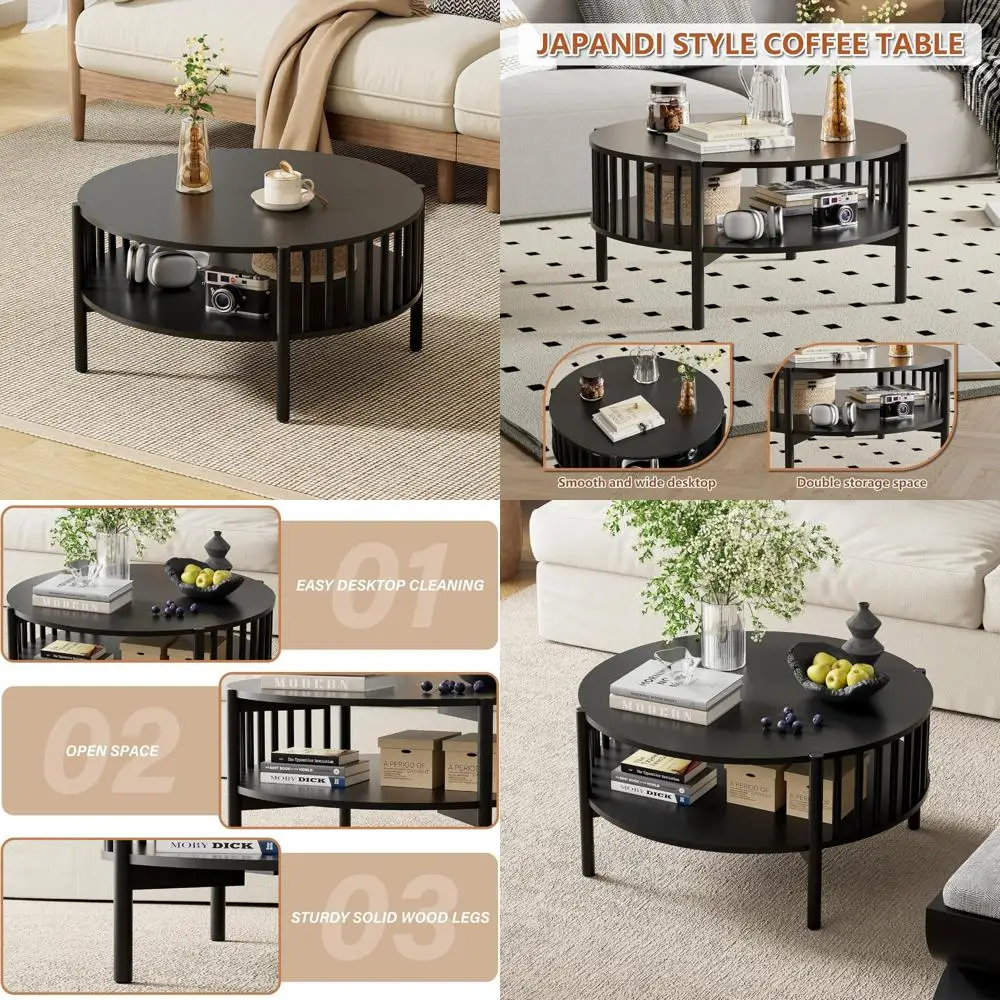 Modern Black Wood Coffee Table with Open Storage for Living Room