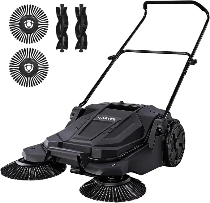 Walk-Behind Hand Push Floor Sweeper, 25.6 in Sweeping Width Manual Non-Electric, 5-Gallon Waste Container, Adjustable Folding Handle for Garage, Workshop, Driveway, Patio