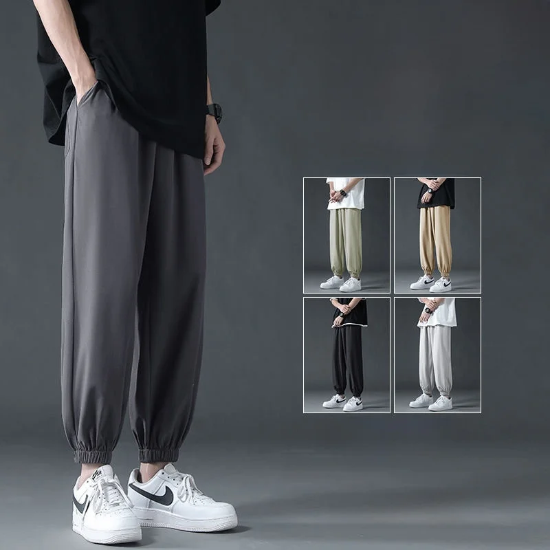 

Casual Loose Wide Leg Men's Pants Summer Ice Silk Lightweight Trendy Trousers High Waist Dstring High Elastici Straight Leg