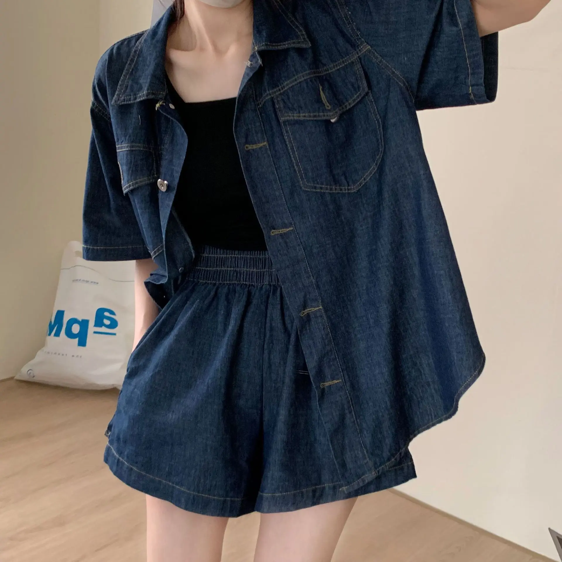 Summer Women Cool Thin Denim Suit Casual Loose Oversized Short-sleeved Denim Shirt Elastic Waist Baggy Shorts 2pcs Matching Set