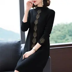 Vintage Korean Dress Long Sleeve Slim Woman Sweater es Knitted Elegant Half High Collar Midi Party   Autumn Q526